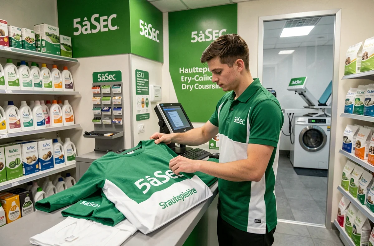 Employé du 5àSec Strasbourg Hautepierre emballant une robe de soirée dans un sac à vêtements de marque au comptoir de la boutique