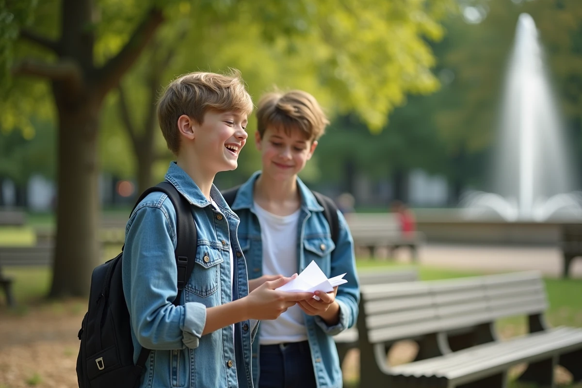 Adolescent français échangeant des notes dans un parc