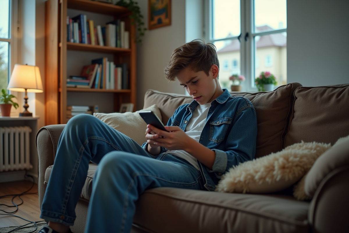 Adolescent distrait sur un canapé avec smartphone
