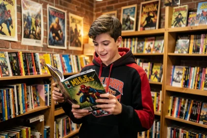 Adolescent tenant un comic book Miles Morales Spider-Man dans une boutique de bandes dessinées indépendante