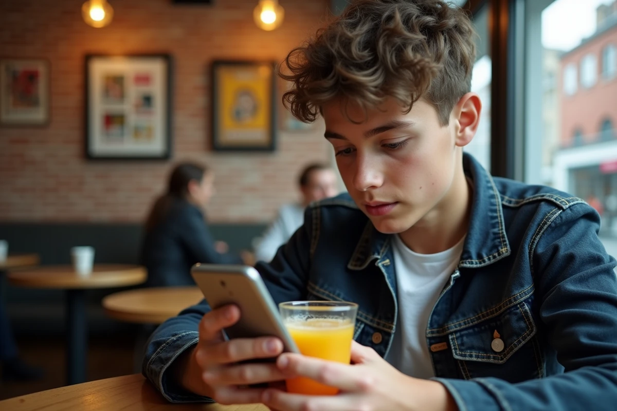 Adolescent lisant des scans de manga en VF sur smartphone dans un café urbain avec un verre de jus d'orange