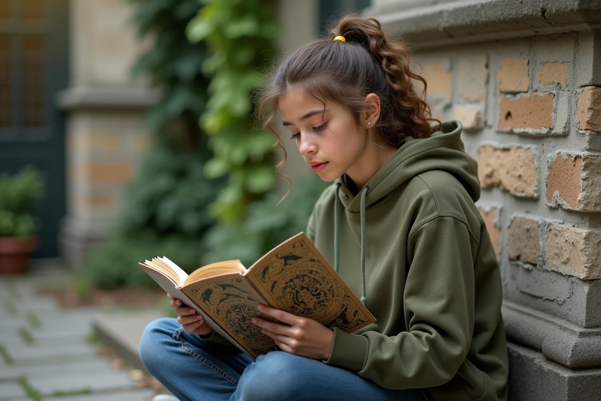 Adolescente révisant à voix haute le récit du labyrinthe et du Minotaure pour un exposé oral, assise dans une cour avec un livre illustré