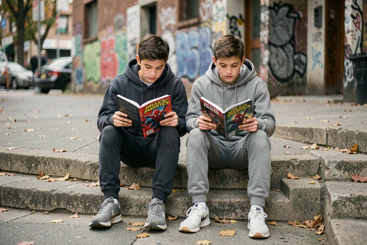 Deux adolescents lisant des graphic novels Miles Morales Spider-Man assis sur des marches devant une bibliothèque urbaine