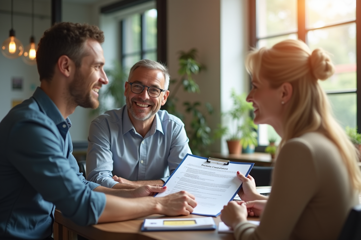 Agent immobilier montrant un contrat de location à un couple souriant dans un bureau lumineux