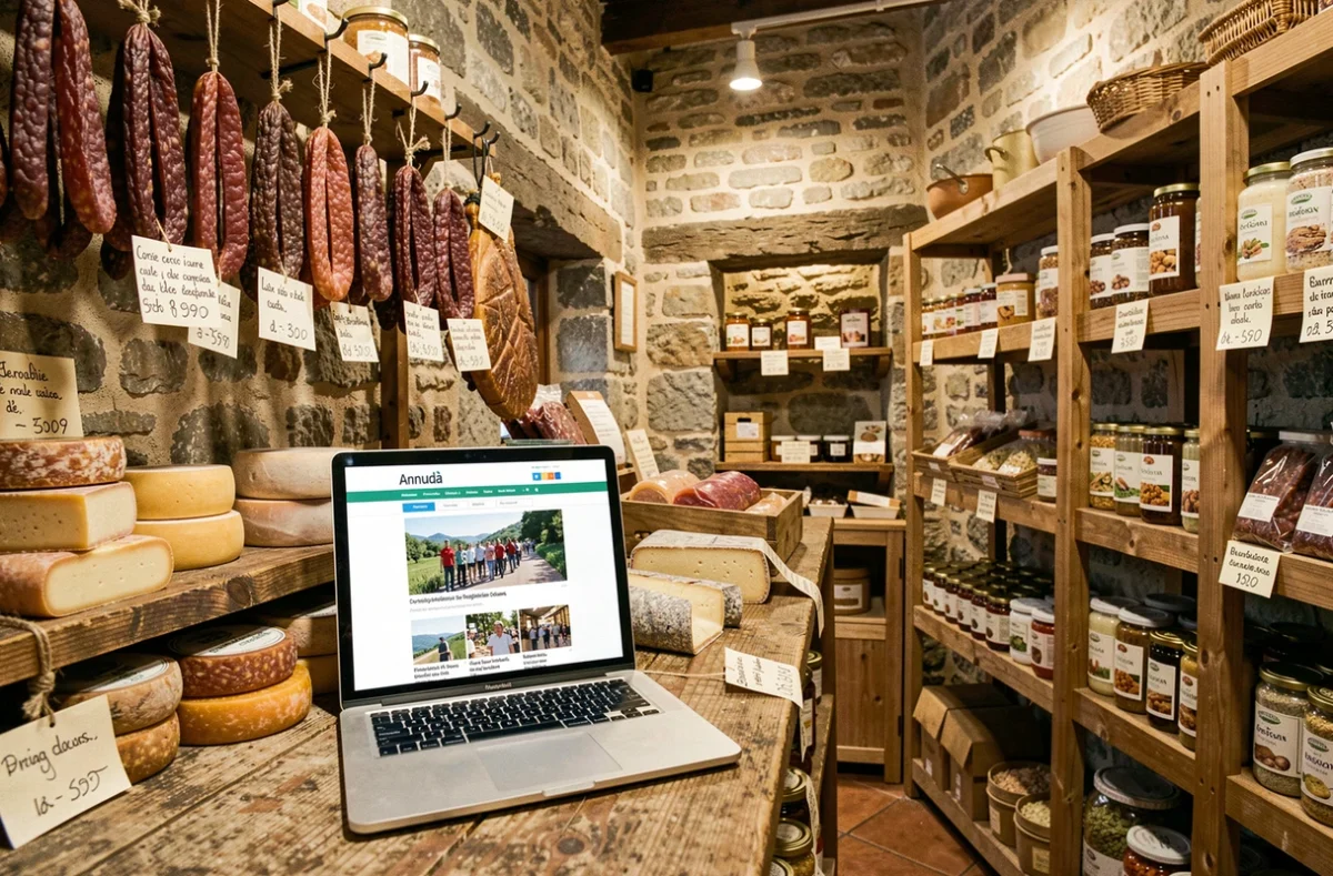 Ordinateur portable affichant le site Annudà dans une charcuterie artisanale corse entourée de produits régionaux typiques