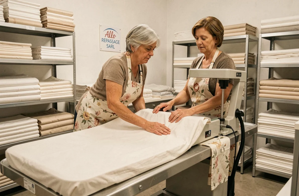 Employée d'Allo Repassage SARL repassant méticuleusement un grand drap sur une table à vapeur professionnelle