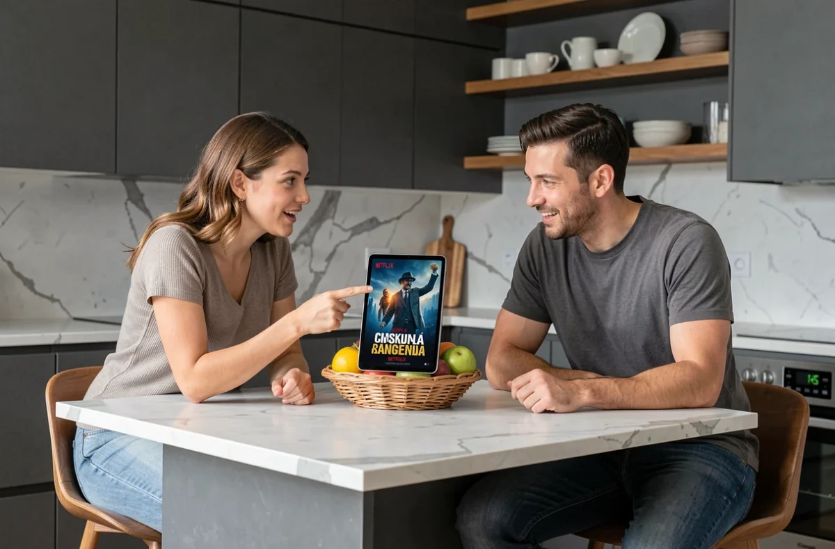 Deux amis discutant d'une série espagnole Netflix sur une tablette dans une cuisine moderne en 2026