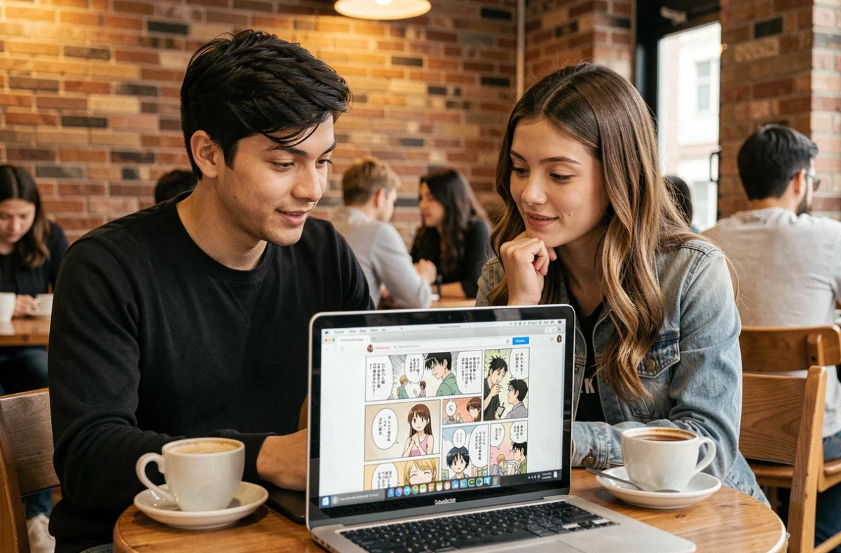 Deux amis découvrant ensemble un site de scan manga One Punch Man VF sur un ordinateur portable dans un café