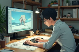 Animateur japonais travaillant sur des storyboards pour une série animée en retard de production dans un studio encombré