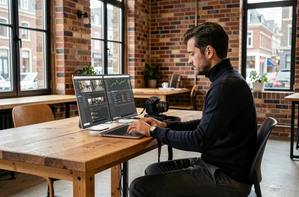 Antoine Veling, stratège digital et photographe à Lille, travaillant sur son setup photo et numérique