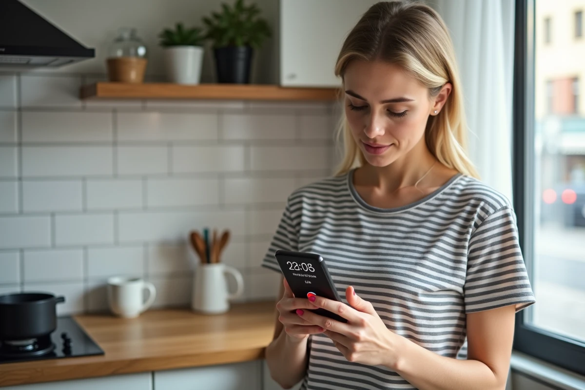 Jeune femme utilisant une application de conversion de fuseaux horaires sur smartphone pour connaître l'heure à Sydney