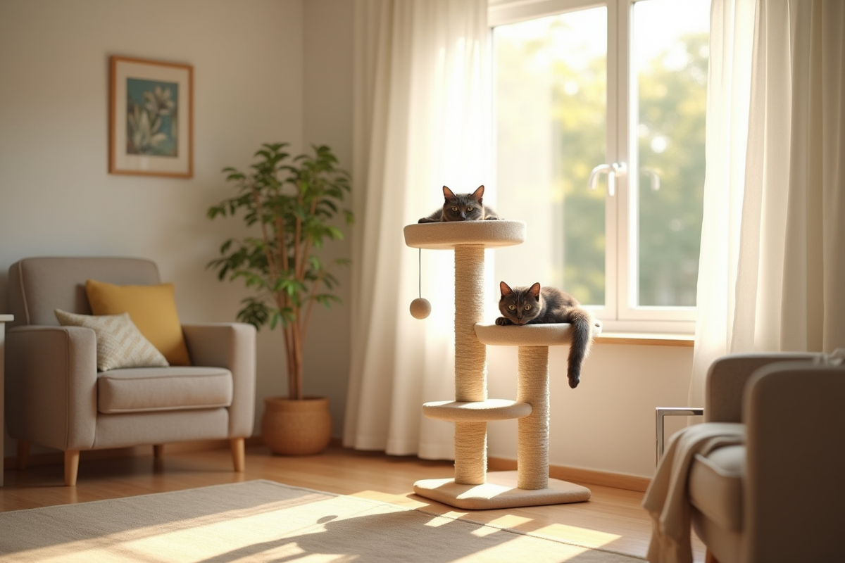 arbre à chat beige dans salon lumineux et cosy