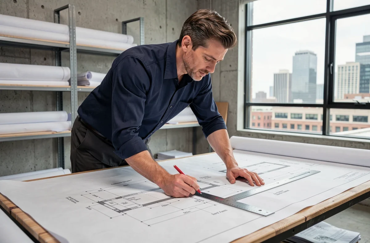 Architecte professionnel annotant des plans de construction avec des conversions pieds et centimètres
