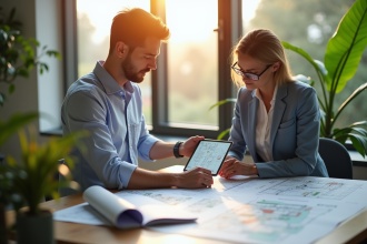 Architectes dans un bureau lumineux examinant des plans