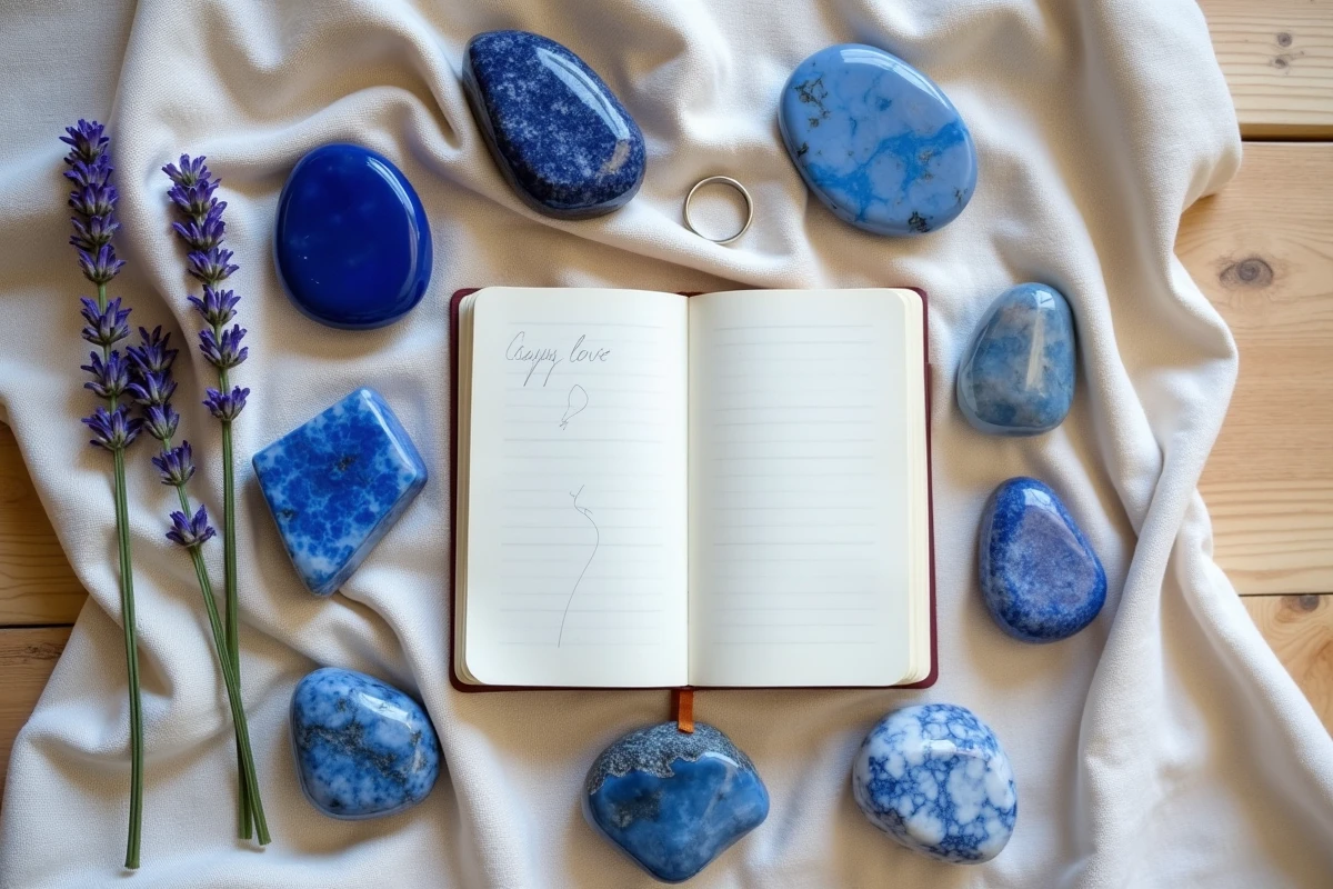 Arrangement de pierres bleues avec lavande et journal, évoquant les rituels avec la pierre bleue pour attirer l'amour ou une rencontre