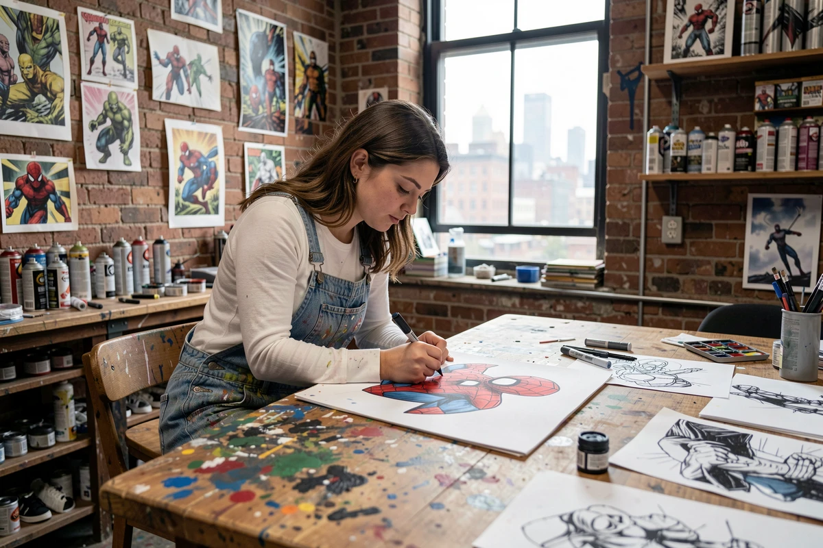 Artiste dessinant un fan art de Miles Morales Spider-Man dans un atelier d'art urbain à Brooklyn