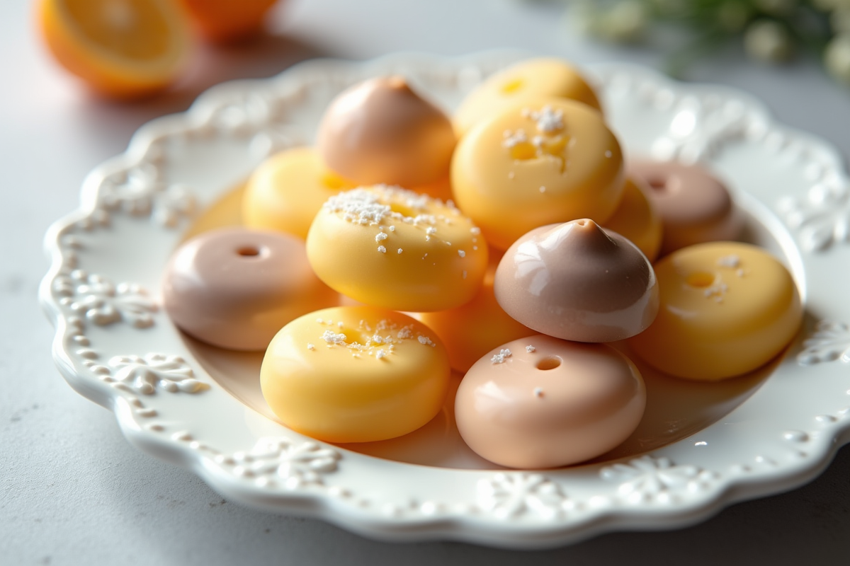 Assortiment de confiseries en marzipan sur une assiette blanche