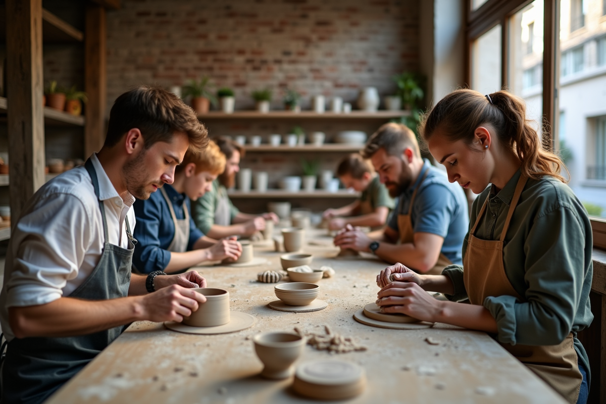 Groupe d adultes façonnant de l'argile dans un atelier parisien