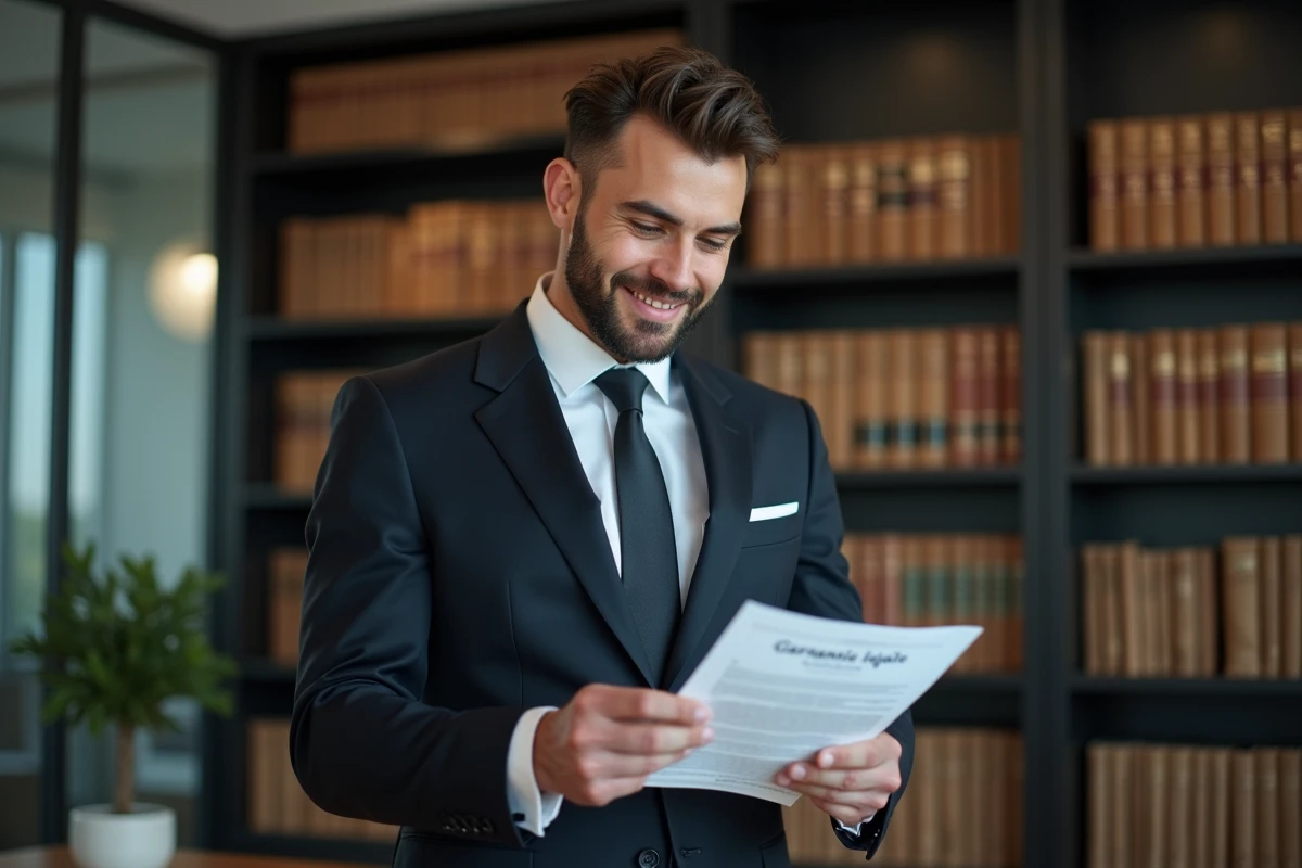 Jeune avocat examine un contrat Garantie légale au bureau