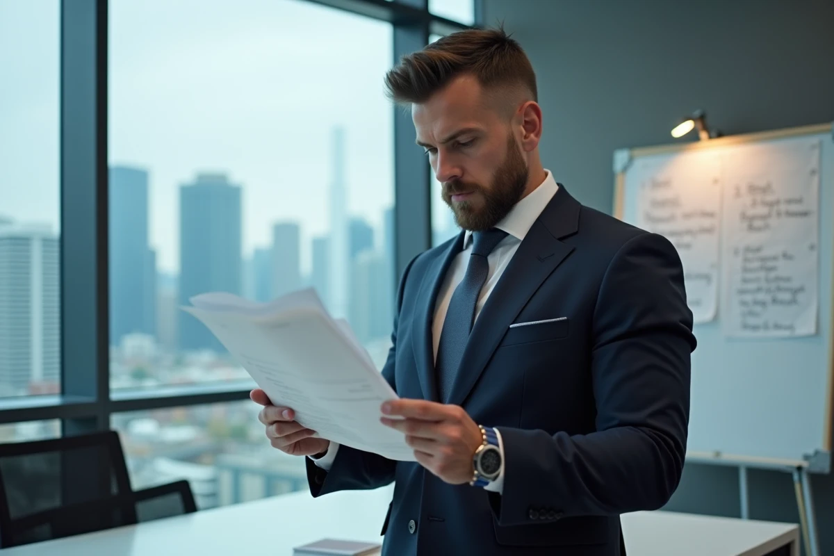 Avocat en costume marine lisant un document juridique dans un bureau moderne avec vue sur la ville, en lien avec la législation sur les discours haineux en ligne