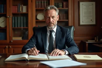 Avocat consultant un jugement de débouté sur son bureau dans un cabinet juridique