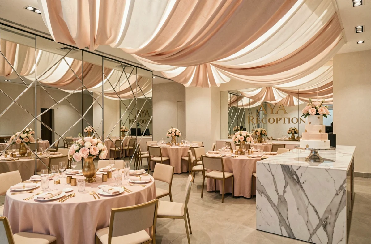 Salle de réception Aya aménagée pour un mariage avec tables en ronde, décoration dorée et panneaux miroir