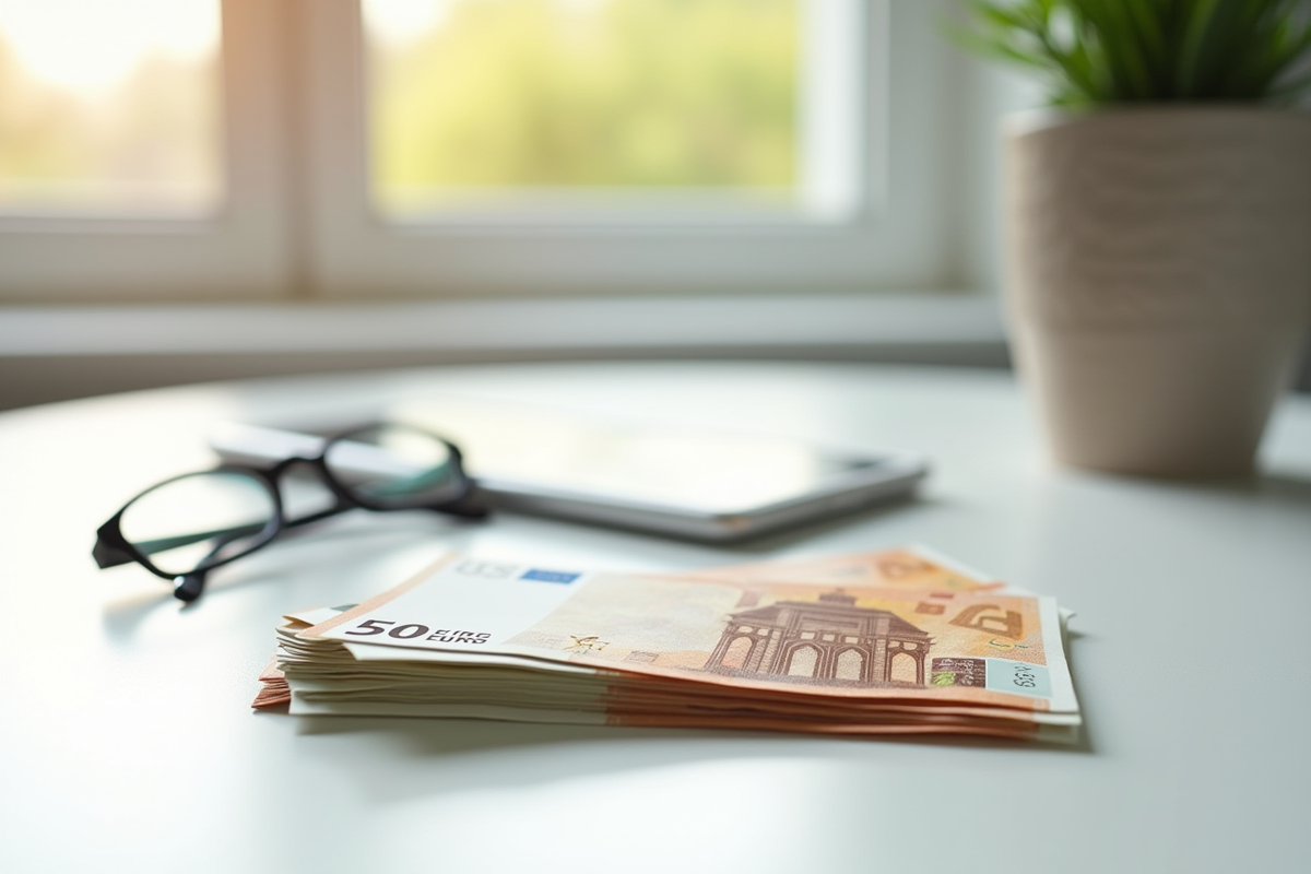 Fiche de billets de cinquante euros avec smartphone et lunettes sur une table