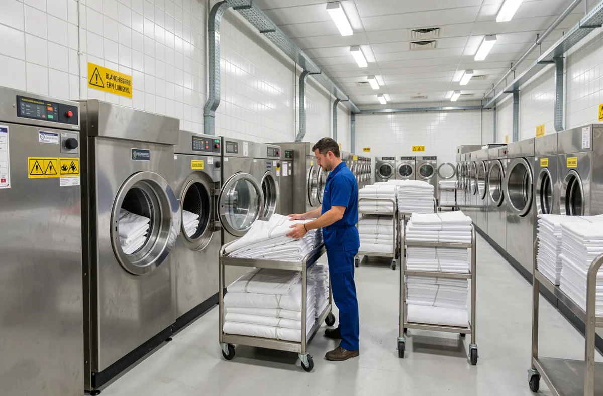 Ouvrier de la Blanchisserie Ehn chargeant du linge hôtelier blanc dans une machine à laver industrielle dans un grand atelier