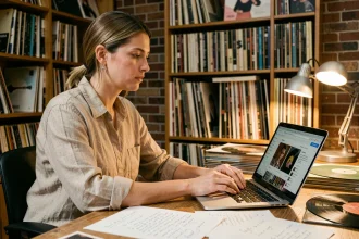 Blogueuse musique électronique éthique écrivant dans un magasin de disques indépendant entouré de vinyles et de notes manuscrites