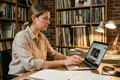 Blogueuse musique électronique éthique écrivant dans un magasin de disques indépendant entouré de vinyles et de notes manuscrites