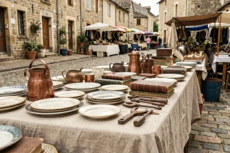 Table de brocante en plein air dans un village de l'Aveyron, couverte de vaisselle ancienne, cuivres et livres usés sur fond de façades en pierre