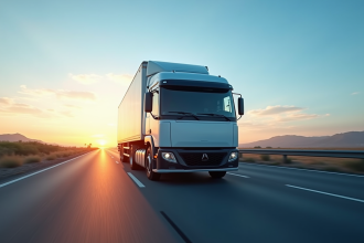 Camion électrique de fret roulant au lever du soleil sur l'autoroute
