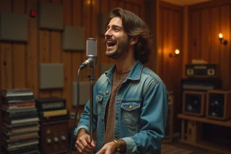 Chanteur vintage en studio 1970s chantant passionne