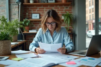 Cheffe de petite entreprise débordée analysant des documents d'assurance professionnelle à son bureau