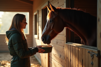 Cheval refusant de manger de l'avoine dans l'écurie