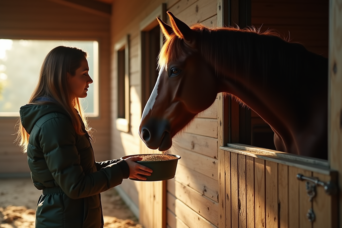 Cheval refusant de manger de l'avoine dans l'écurie