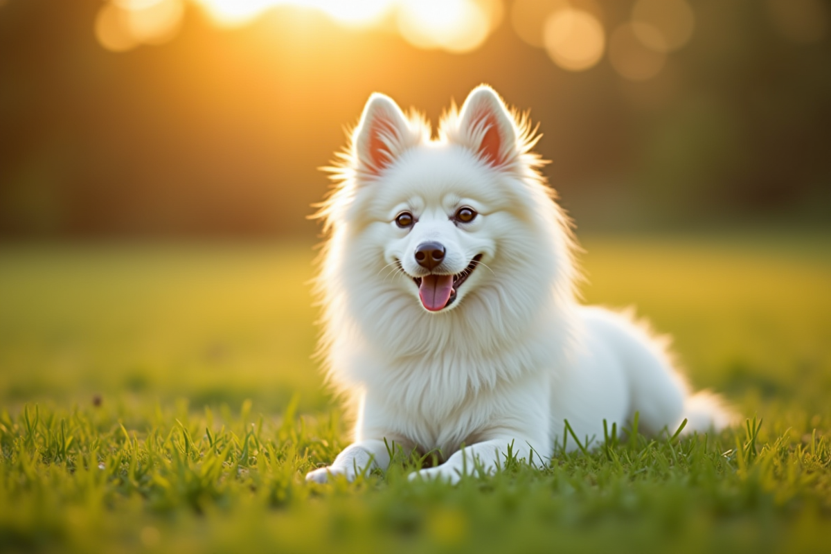 Spitz japonais assis sur herbe verte au coucher du soleil