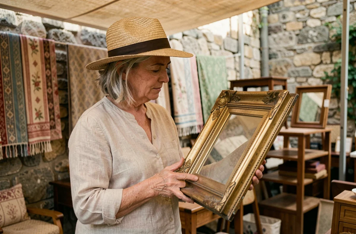 Femme inspectant un cadre doré ancien lors d'une brocante dans un village de l'Aveyron, ambiance authentique de marché en plein air