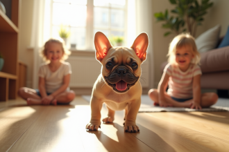 Chiot bulldog français jouant dans un salon lumineux avec enfants