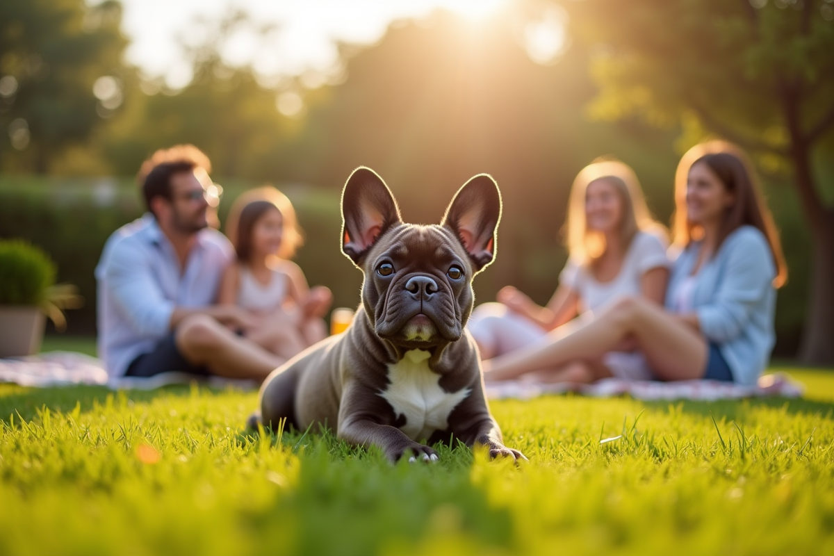 Chiot bulldog français sur pelouse avec famille en pique-nique