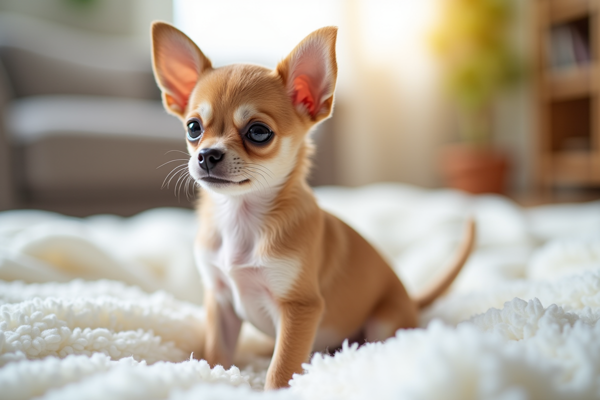 Chiot chihuahua assis sur une couverture blanche en intérieur