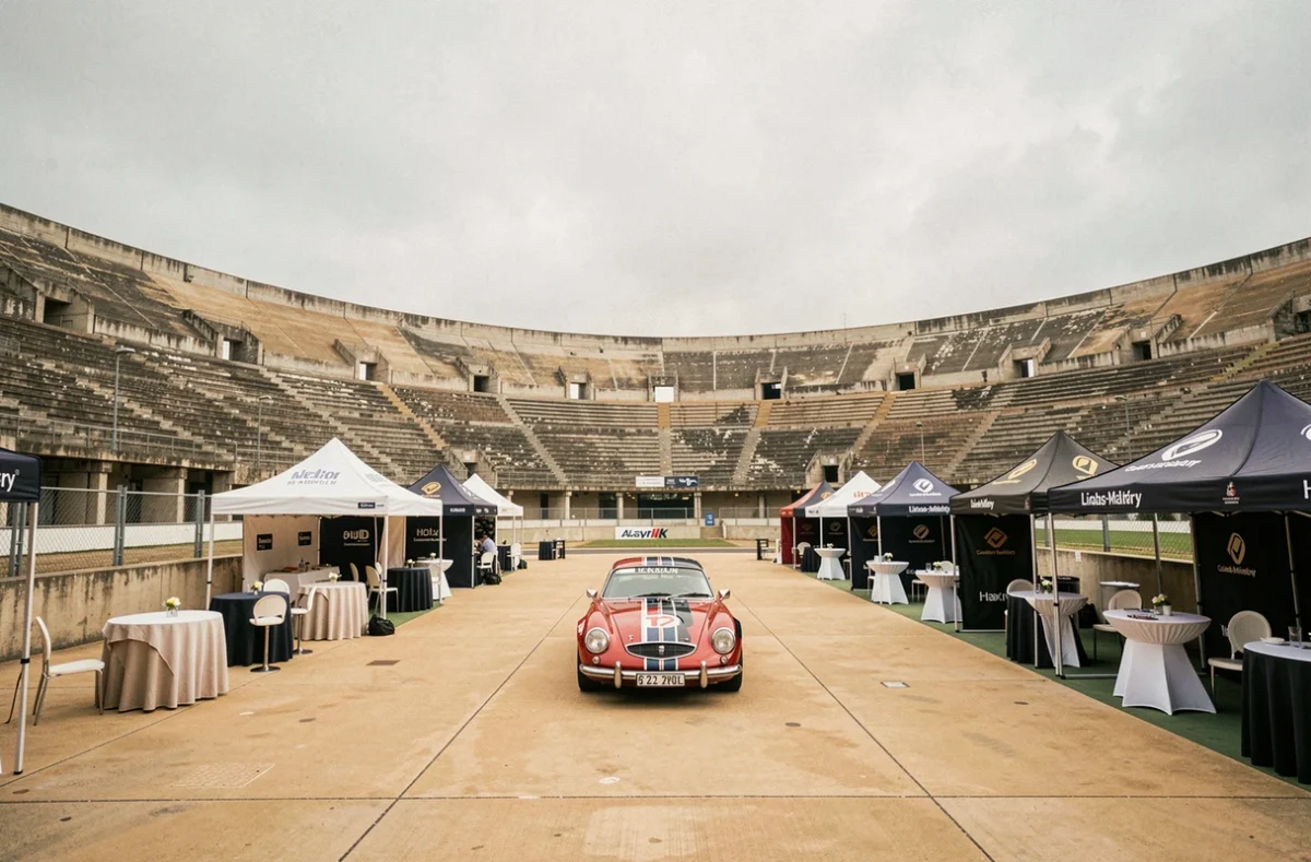 Circuit de Linas-Montlhéry avec piste ovale historique et tentes événementielles dans les stands