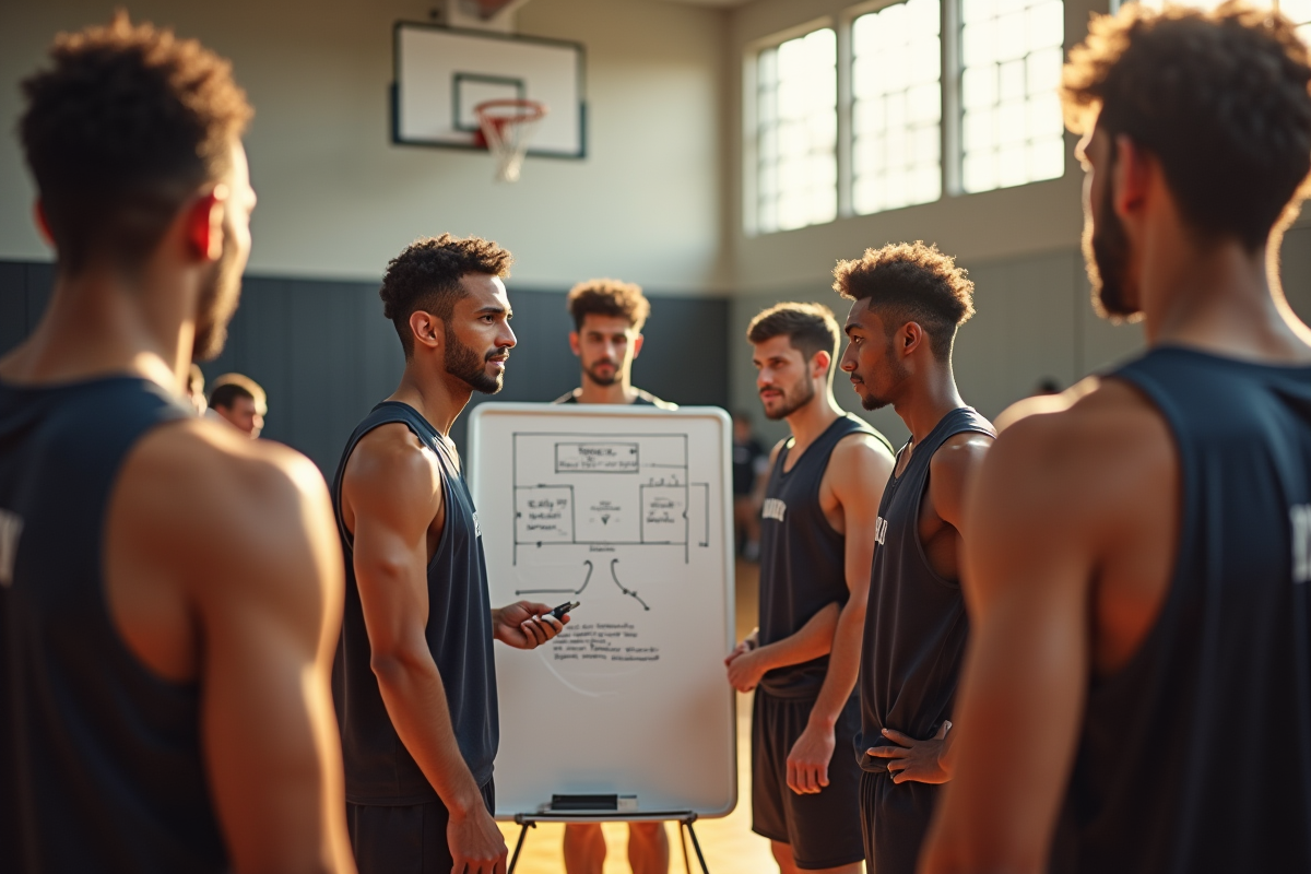 Entraîneur dessinant une stratégie de basketball lors d