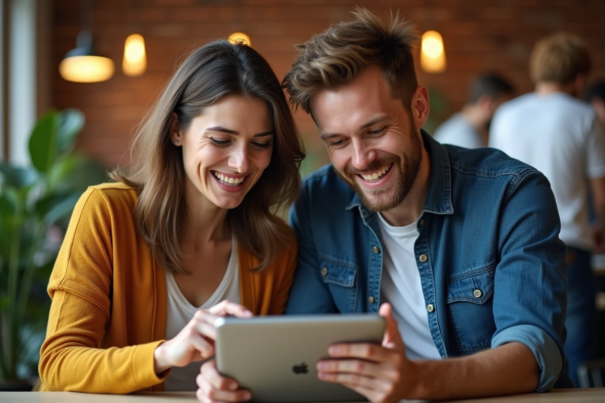 Deux collègues consultant une tablette dans un espace de coworking pour trouver rapidement une réponse à une question de géographie sur une capitale en G