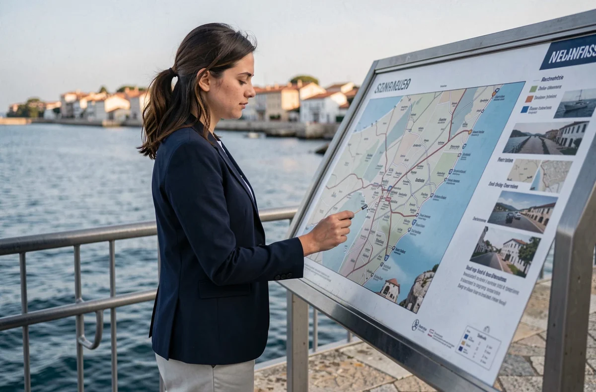 Femme consultant une carte des communes côtières sur la promenade de La Ciotat pour comparer les villes voisines