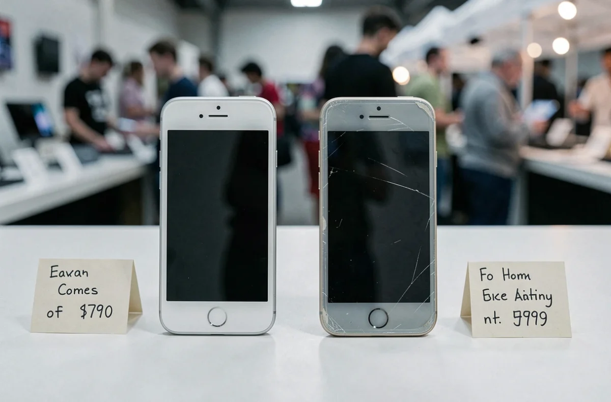 Deux iPhone 1 comparés côte à côte avec étiquettes de prix dans un marché de revente