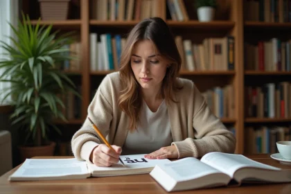 Femme étudiant les prépositions françaises 'à' et 'ou' dans un cahier de grammaire posé sur un bureau en bois
