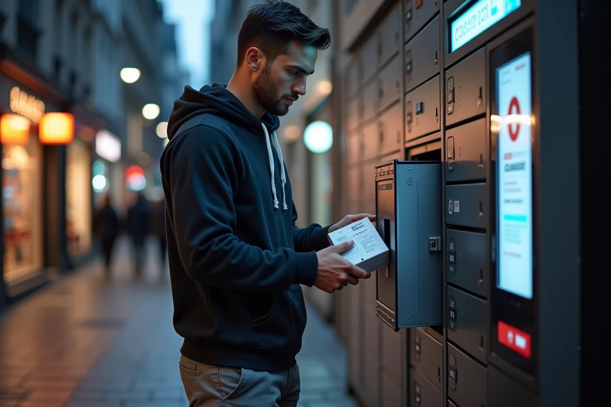 Homme déposant un colis dans une consigne automatique Chronopost en extérieur la nuit en ville