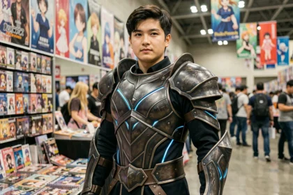 Cosplayer en armure de héros fantasy inspirée d'un manga isekai lors d'une convention anime en 2026