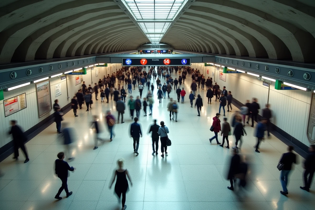 Vue plongeante du couloir de correspondance d'une grande station de métro parisien avec panneaux de signalisation des lignes
